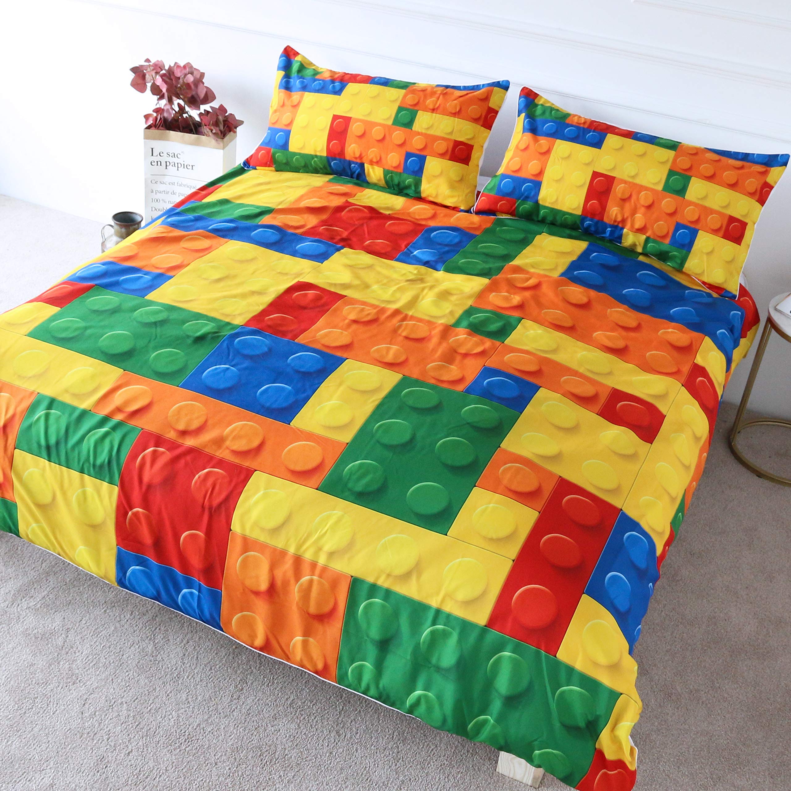BlessLiving Colorful Toy Bedding Building Blocks Pattern Duvet Cover 3 Pieces Kids Boys Fun Brick Bedspread Set (Double)