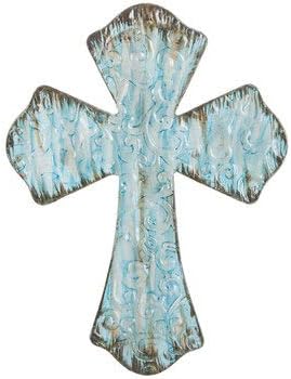 Everydecor Rustic Turquoise Metal Cross Wall Art Decor - Hanging Antiqued Religious Decorative Christian Cross Sculpture with Embossed Swirls for Home Farmhouse Indoor and Outdoor