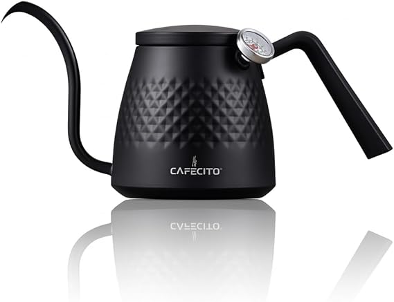 CAFECITO Pour Over Coffee Kettle with Thermometer 20oz Gooseneck Kettle | 304 Stainless Steel | Built-In Temp Gauge | Black | Small Drip Kettle
