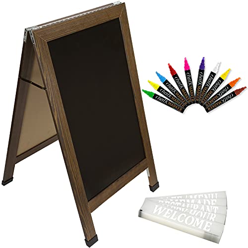 Excello Global Products Large Double-Sided 40x23 Heavy-Duty A-Frame Sidewalk Chalkboard Standing Sign, Includes 10 Chalk Markers, 40 Piece Stencil Set, Chalk and Eraser Rustic