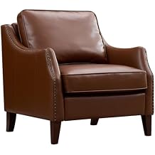 SOFTHION 33.5" Wide Faux Leather Accent Armchair with Nailhead Trim & Solid Wood Legs, Modern Leather Club Chair with Comfy Back & Seat Cushions for Livingroom Bedroom, Brown