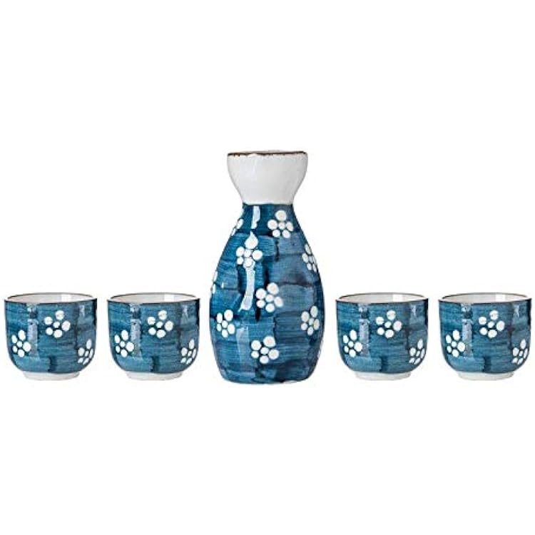 TJ Global 5-Piece Sake Set, Durable Ceramic Japanese Sake Set with 1 CarafeDecanterTokkuri Bottle and 4 Ochoko cups for Hot or Cold Sake at Home or Restaurant - Blue with White Flowers