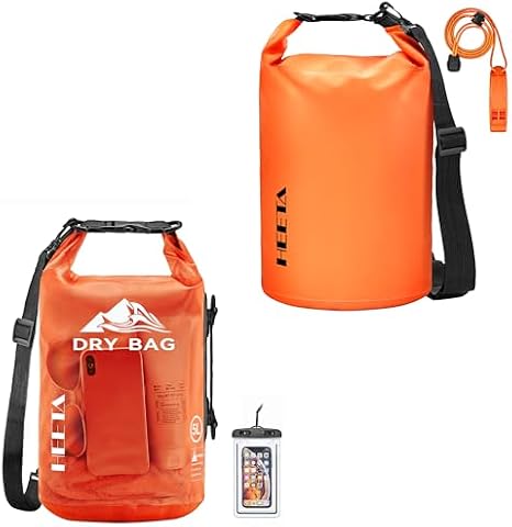 HEETA Waterproof Dry Bag with Phone Case Bundled with Upgraded Version with Emergency Whistle for Women Men, Roll Top Lightweight Dry Storage Bag Backpack (Orange 5L)