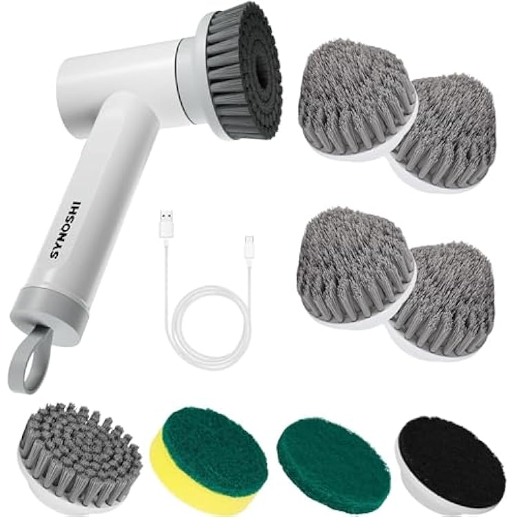SYNOSHI | Electric Spin Scrubber with 3 Replaceable Cleaning Head  4 Units of Cone Brush Heads, Power Cleaning Brush, Cordless Waterproof Scrubber with Dual Speed...
