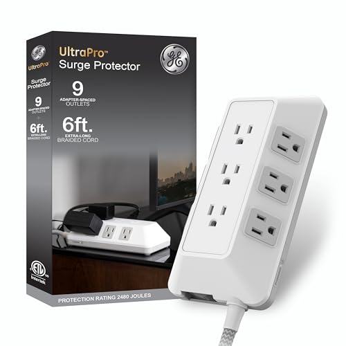 GE 9-Outlet Surge Protector, 2480J, 6ft. Braided Cord, Extensoin Cord for School, Home, Office, White 82596