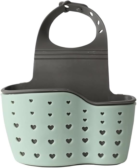 Kitchen Sink Caddy - Silicone Plastic Soap Sponge Holder - BPA-free Rack - Faucet Caddy with Drain Holes for Drying - Adjustable Hanging Strap (Green), Large