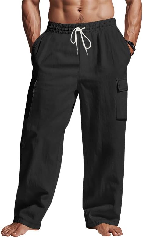 Mens Casual Cargo Pants Summer Vacation Lightweight Drawstring Pants Elastic Waist Beach Yoga Trousers with Pockets Black