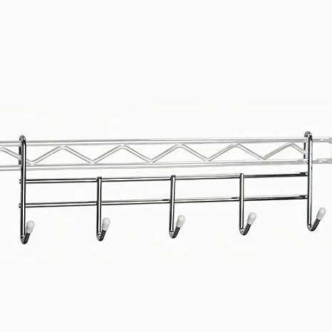 SI Shelving Inc. 1.5" d x 12" w x 4" h 5-Hook Attachment for Wire Shelving | Durable Chrome-Plated Steel with Rubber Cap Tips, For Use on Wire Shelves or Rails, Holds Utensils, Coats, Keys, Purses