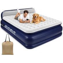 KMZ Inflatable Queen Air Bed with Integrated Pump, Extra-Tall 16 Inch Raised Sleeping Mattress, Heavy-Duty Portable Airbed for Overnight Guests, Indoor Use, Camping & Trips