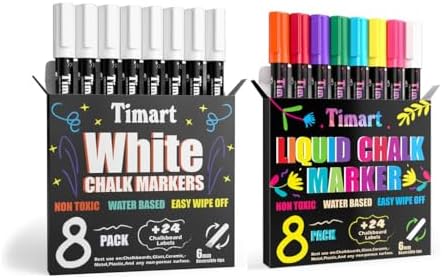 Timart Liquid Chalk Markers, 6MM Classic + 6MM White Chalkboard Markers