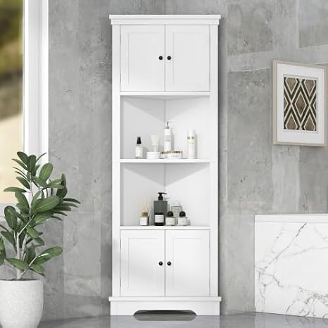 Modern Corner Cabinet, 67" Tall Freestanding Bathroom Storage Cabinet Bookcase with Glass Doors & Adjustable Shelves for Kitchen Pantry Bar,5-Tier Corner Bookshelf Display Cabinet (White II)