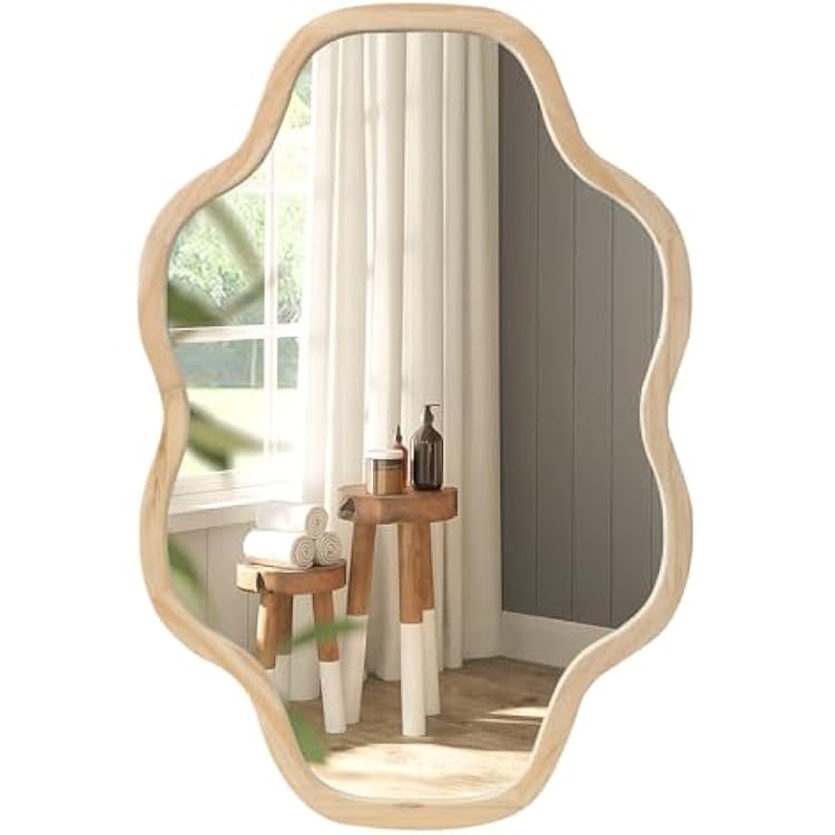 ULIKE Irregular Wall Mirror with Wood Frame, 24x36 Wavy Cloud Vanity Mirror for Bathroom, Modern Farmhouse Wall Decor for Bedroom Living Room Entryway, Natural