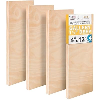 U.S. Art Supply 4 x 12 Unfinished Cradled Wood Panels for Painting, Gallery 1-12 Deep 4 Pack - Artist Depth Wooden Wall Canvases - Mixed-Media Craft, Acrylic, Oil, Encaustic, Paint Pouring