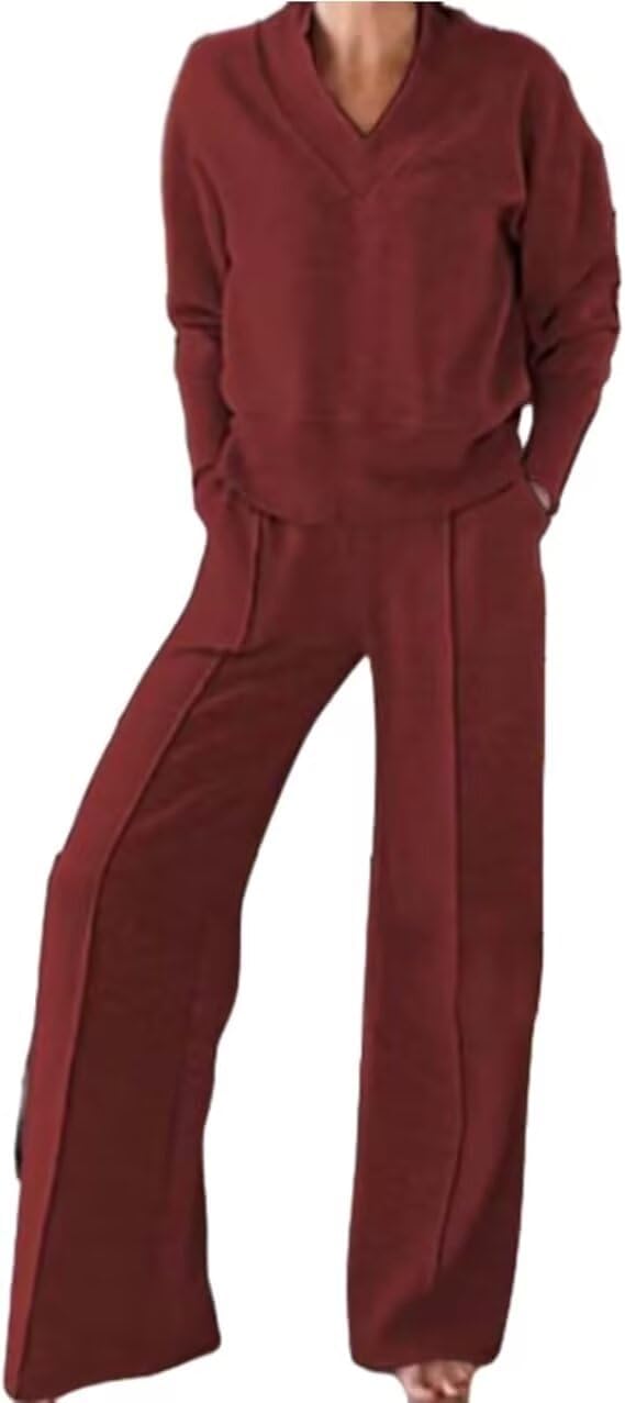 Solid Color V-Neck Top & Pants Two-Piece Set for Women, Travel Sweatshirt Sets for Women, Wide Leg Lounge Sets