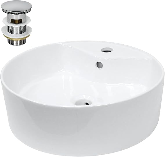 LuxeBath White Ceramic Wash Basin Diameter 460 x 155 mm Round with Drain Fitting Silver Countertop Washbasin with Overflow Countertop Washbasin Wash Basin Hand Wash Basin for Bathroom