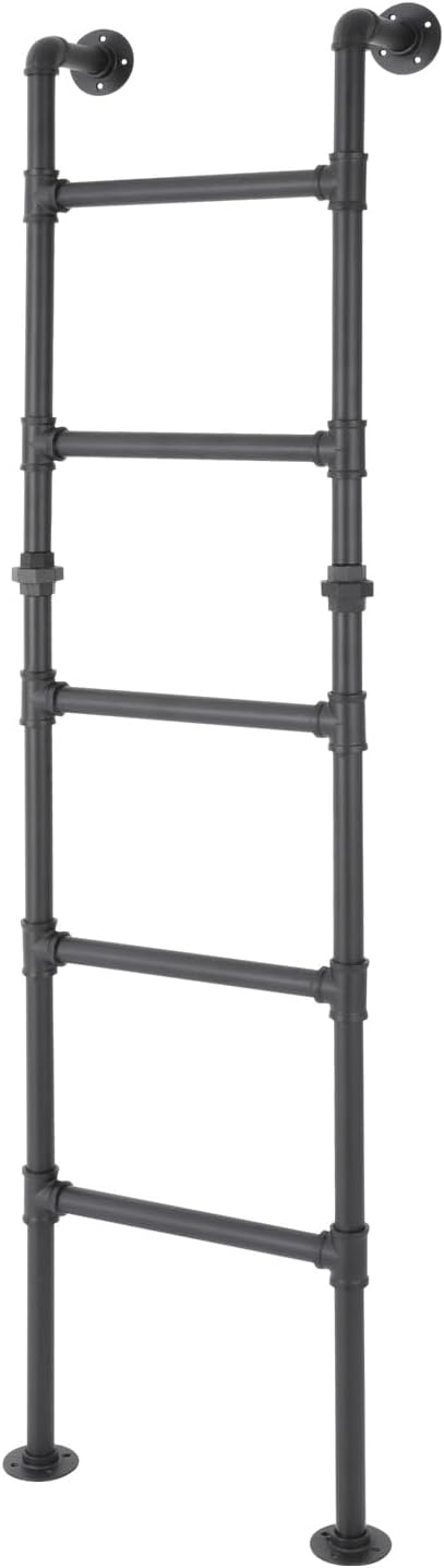 5-Rung Bunk Bed Ladder,5.57FT Adjustable Wall & Floor-Mounted Basement Window Well Egress Ladders,440lbs Load Metal Industrial Pipe Step Ladder Indoor Outdoor Ladders for Attic Loft Dorm RV,Black