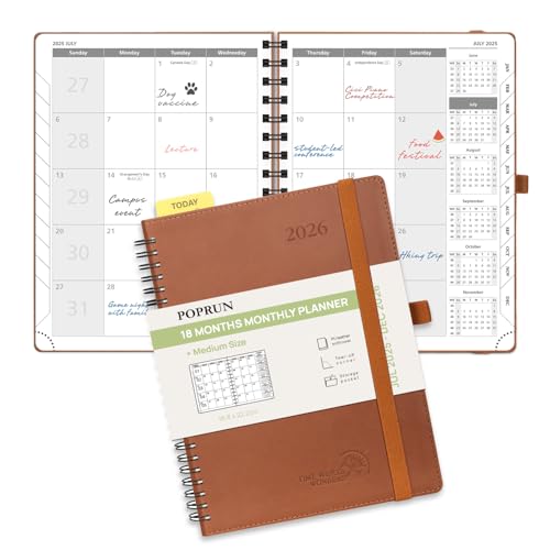 POPRUN Monthly Planner 2025-2026 Spiral Bound 6.5x 8.5 18 Months Calendar Jul 2025 - Dec 2026 - 4 Pages per Month with Monthly Expense & Notes, Sunday Start, Leather Cover - Brown