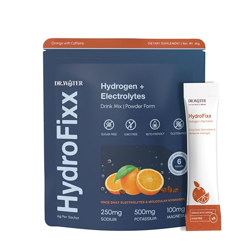 HydroFixx Hydrogen  Electrolytes Mix - Variety Pack | H2 Hydration with Molecular Hydrogen, Sodium, Potassium, Magnesium | LemonLime, MixBerry, Orange Caffeine | 6 Count 6, Orange Caffiene