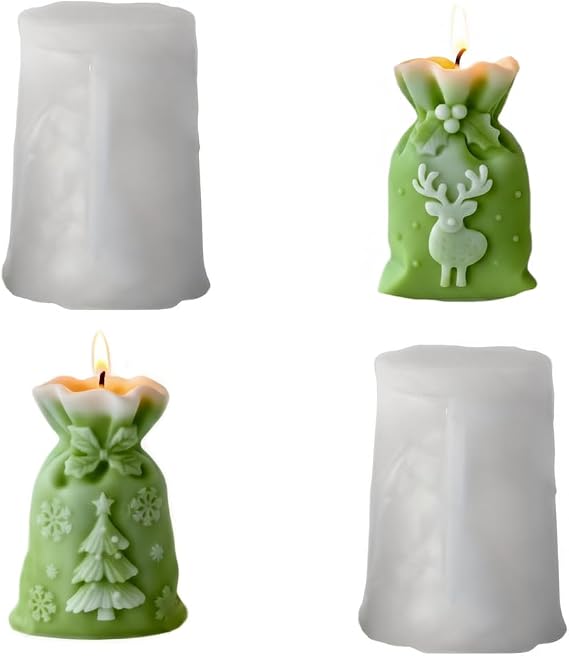 Christmas Candles Mold, 2PCS Silicone Present Bag Shape Casting Molds Xmas Ornaments Mould for DIY Crafts Home Table Decor