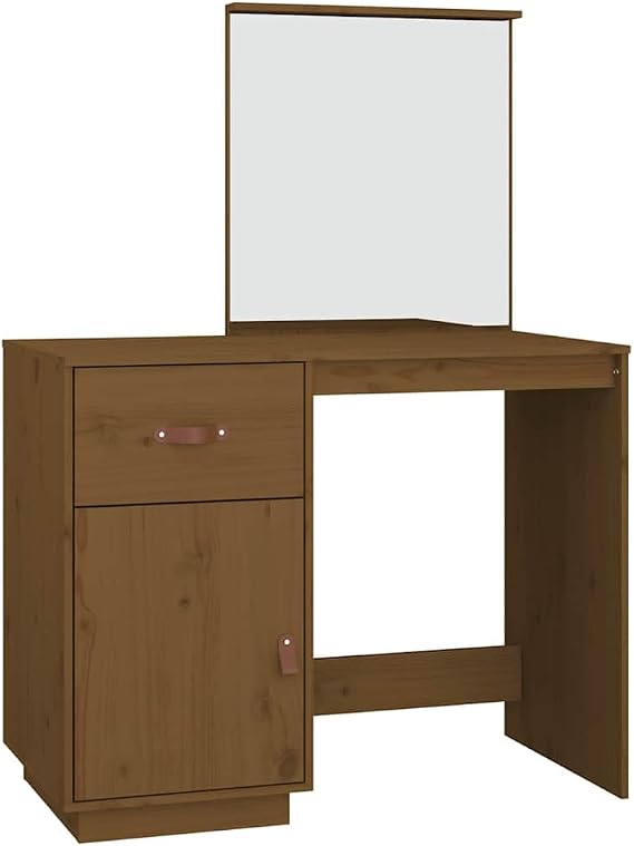 Honey Brown Solid Pine Wood Dressing Table 95x50x134 cm with Drawer and Compartments, Wooden Makeup Vanity with Mirror