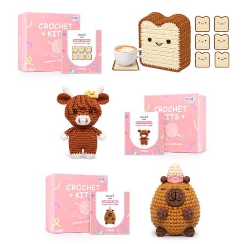 Mewaii Crochet Kit for Beginners, Crochet Starter Kit with Step-by-Step Video Tutorials, Complete Kit with Extra 40% Tape Yarn for Adults Kids Bread Coaster & Capybara & Hug Cow