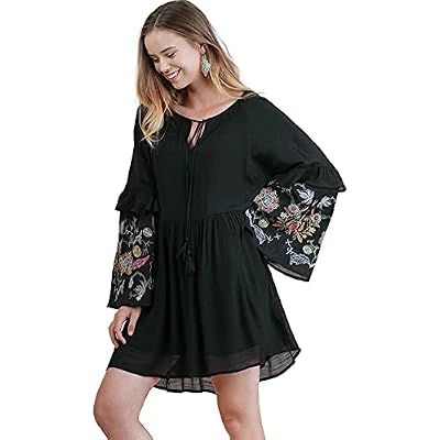 Umgee Womens Embroidered Tassel Tie Keyhole Dress