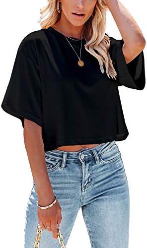 Yuccalley Womens Summer Crop Tops Short Sleeve Round Neck T-Shirt Basic Tees