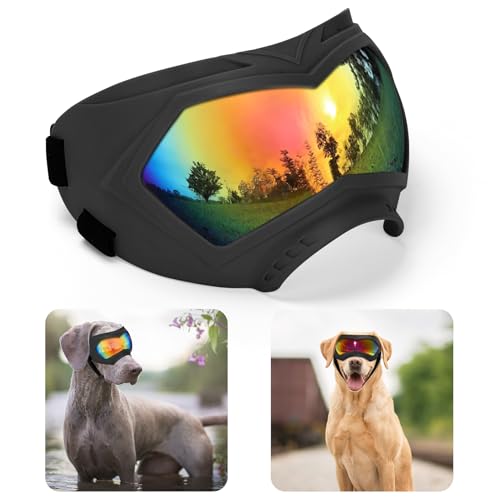 Dog Sunglasses, Dog Goggles for Large and Medium Breed with Adjustable Strap, UV Protection, Windproof, Waterproof, Dustproof and Snowproof, Dogs Eyes Protection, Wide Snout Rest, Soft Frame, Black A
