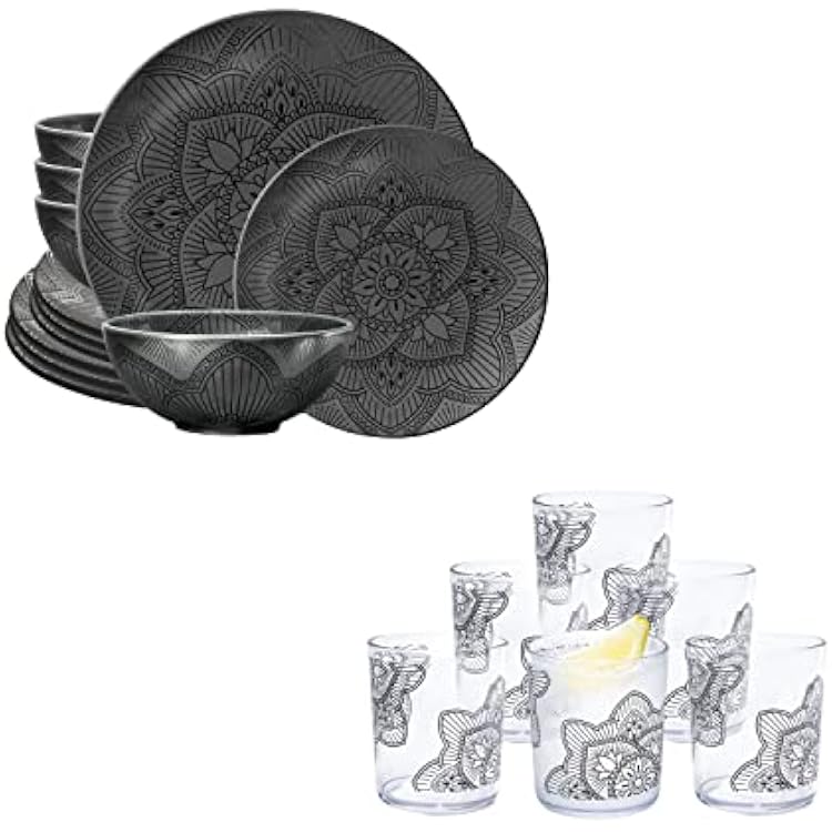 bzyoo lala mandala black collection 12 PCS Dinnerware set Service for 4 14 oz Plastic Tumbler Set of 6 PCS