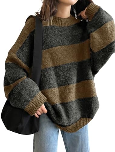 EMMIOL Womens Oversized Striped Sweaters 2026 Spring Trendy Long Sleeve Knit Outfits Crewneck Fashion Pullover Tops
