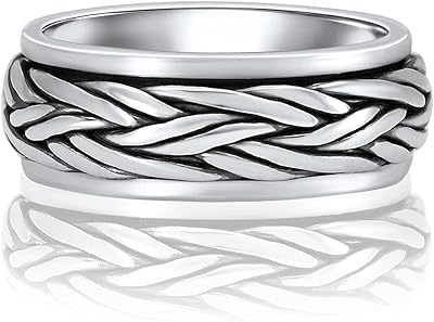 VY JEWELRY BRAIDED LINES - Solid 925 Sterling Silver Moving Spinner Ring for Men - Sizes 7 to 15