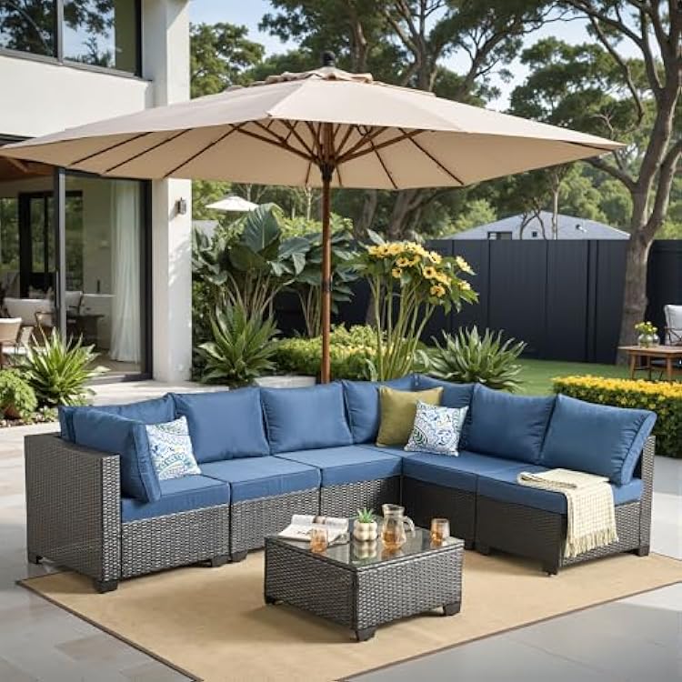 Blue Modular Outdoor Sectional Sofa Set, 7-Piece L-Shaped Patio Furniture with Coffee Table, Water-Resistant Cushions, Durable PE Wicker for Garden, Backyard, Poolside