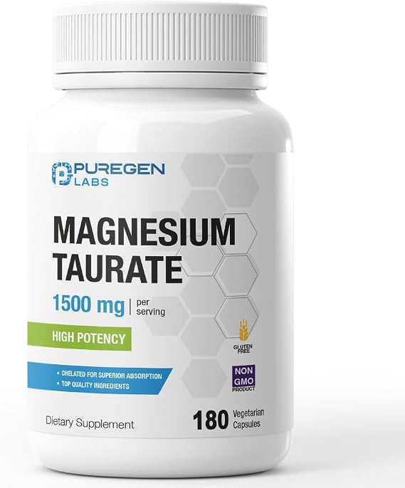 Puregen Labs Magnesium Taurate 1500mg per Serving [High Elemental Magnesium Potency] 180 Veggie Caps, Chelated for Superior Absorption, Non-GMO, NO Gluten and Dairy