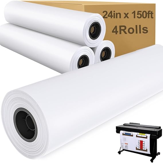 Plotter Paper 24" x 150', 2" Core 4.2 mil - 80 g/m2 20lb Bond Tracing Paper Roll for Wide Format Ink Jet Printers | Architectural Blueprints, Engineering Drawings, CAD, Custom-Sized Prints (4 Rolls)