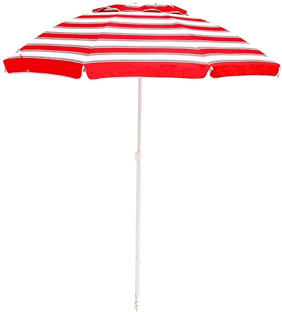 6.5 feet Sand Anchor Beach Umbrella with Tilt, Telescoping Shaft, Vented Canopy and Sun Protection UPF 50+, Red White Stripe