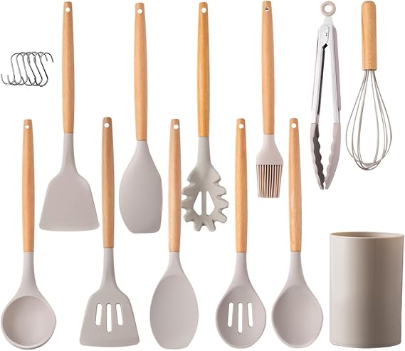 Kitchen Utensil Set 12 Pieces Silicone Cooking Utensils Set with Wooden Handle Heat Resistant Non-Stick Cookware Tongs Spatula Spoon Set Best Kitchen Utensils with (Beige)