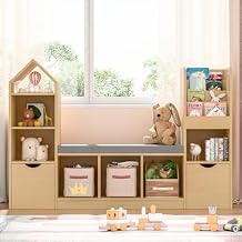 Kids Bookcase with Reading Nook, Bench Kids Bookshelf with 7 Storage Cubbies and 2 Movable Drawers, Multi-Purpose Toy Storage Organizer with Seat Cushion for Playroom, Bedroom, Living Room, Oak
