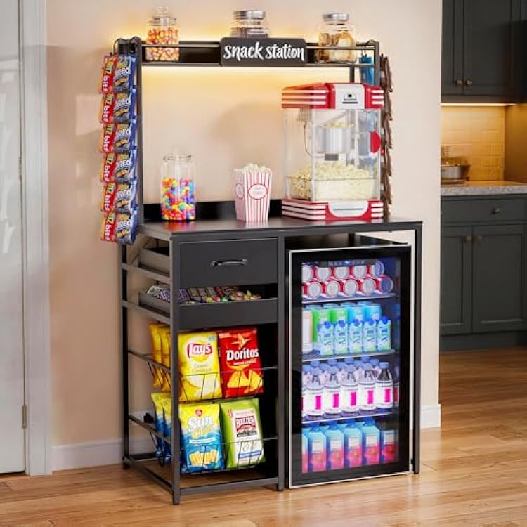 GDLF Snack Bar Cabinet with Mini Fridge Space, Compact Snack Organizer with Drawer and Hutch, Coffee Station for Apartment, Dorm or Office, 35.8 W