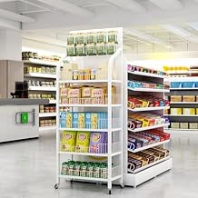 5 Tier Snack Rack Display Stand, Retail Display Shelves with Hooks & Wheels, Metal Snack Shelf for Store Home Kitchen, White Chip Rack Display Stand (White)