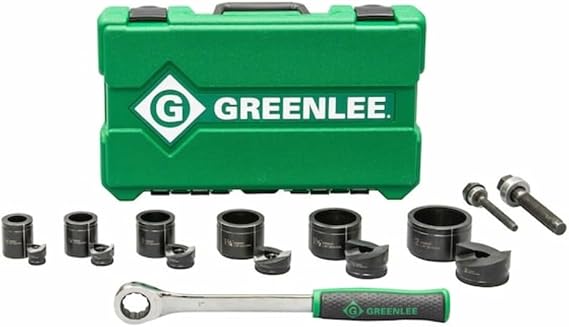 Greenlee 7238SB Slug-Buster Knockout Punch Kit with Hex Ratchet Wrench, 1/2" to 2" Punches, and 7/16" and 3/4" Draw Studs, Electrical Conduit Hole Cutter Kit, Low Carbon Steel