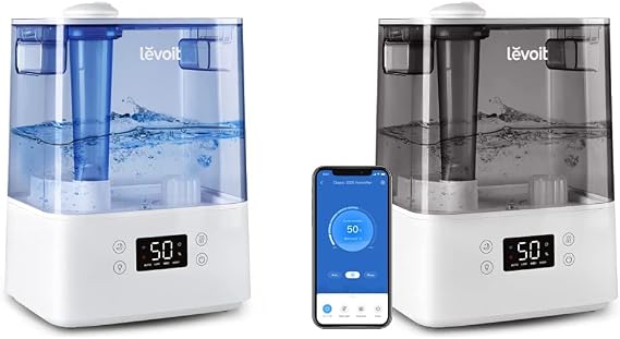 LEVOIT Humidifiers, Blue & Humidifiers for Bedroom Large Room Home, Smart Wifi Alexa Control, 6L Top Fill Cool Mist for Baby and Plants, Ultrasonic, Essential Oil Diffuser, Gray