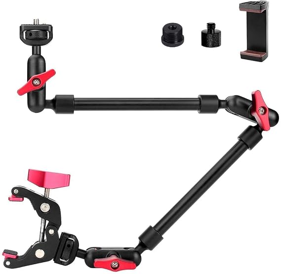 22" Articulating Magic Arm Camera Mount, Desk Clamp Overhead Mount | Anti-deflection lock, anti-slip pads, 0.55lb load, 1/4 3/8 5/8 adapters, aluminum, POV, light, phone, webcam, mic, vlogging