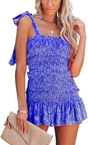 chouyatou Womens Summer Floral Spaghetti Strap Square Neck Ruffle Tie Mini Smocked Dress