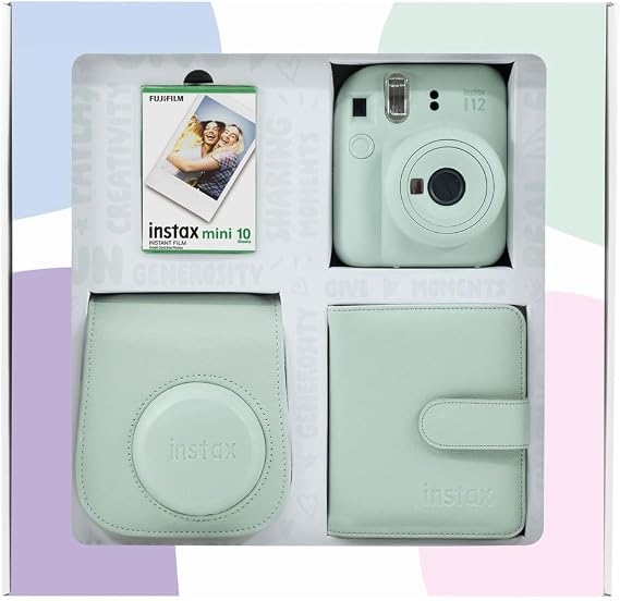 Instax mini 12 Fotoğraf Makinesi 10'lu Film Kare Albüm ve Deri Kılıf Bundle Box (Yeşil)