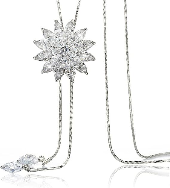 Elistelle Women Cubic Zirconia Flower Long Adjustable Chain Pendant Sweater Necklace