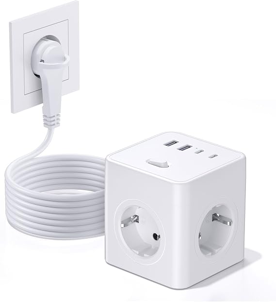 Socket Cube with USB 8-in-1 Socket Strip Flat Connector with Switchable 4-Way Power Strip with 4 USB Multiple Socket Power Cube with Pull Ring 1.5 m Cable for Home/Office/Travel White