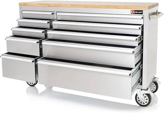 55 Inch Stainless Steel Storage Tool Chest with Solid Wooden Worktop, 10 Drawer Heavy Duty Roller Cabinet, Lockable Garage Workshop Unit