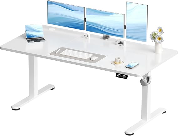 Devoko Electric Standing Desk 160x60cm Sit Stand Table Height Adjustable Desk with Backpack Hook and Memory Smart Panel, Home Office Desk with Splice Board, White