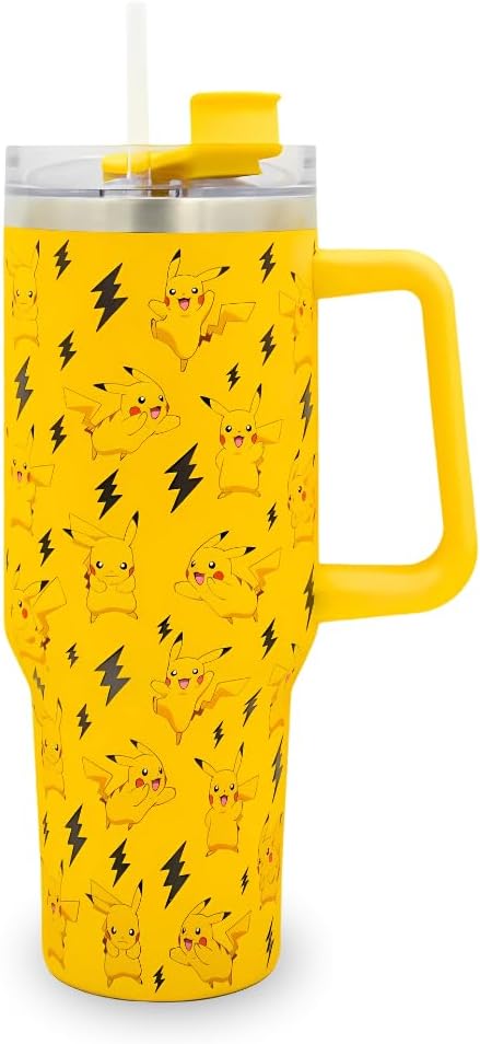 Pokemon Pikachu 40oz  1200 ML Tumbler with Straw & Lid | Leak & Spill Proof Travel Mug | Stainless Steel Vacuum Insulated Water Bottle with Handle Keeps Cold for 17Hrs or Hot for 5Hrs