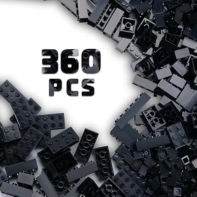 360 Piece Black Classic Building Blocks Bulk, 7 Sizes Building Bricks Assortment Pack, Compatible with Lego Parts and Pieces Black
